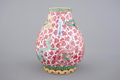 A Chinese famille rose hu-shaped dragon vase, probably Tongzhi, 19th C.