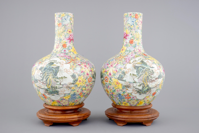 A massive and exceptional pair of millefiori tianqu ping vases, ca. 1900