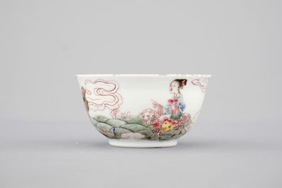 A Chinese Yongzheng cup and saucer decorated with ladies and a goat, 1722-1735