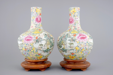 A massive and exceptional pair of millefiori tianqu ping vases, ca. 1900