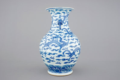 A Chinese blue and white dragon vase with elephant handles, 19th/20th C