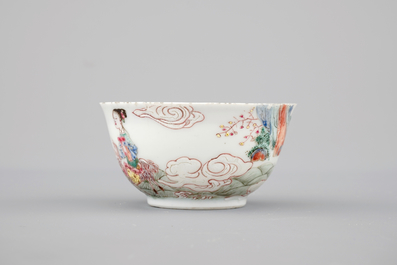 A Chinese Yongzheng cup and saucer decorated with ladies and a goat, 1722-1735