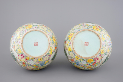 A massive and exceptional pair of millefiori tianqu ping vases, ca. 1900