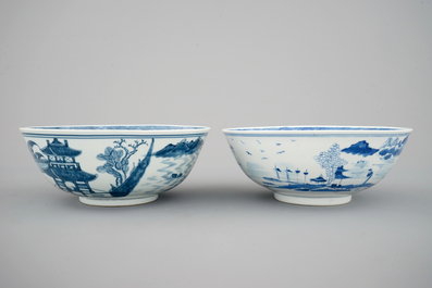 A pair of Chinese blue and white bowls decorated with landscapes, 19th C