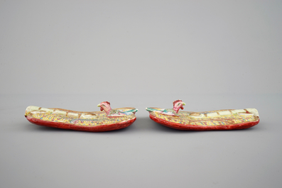 A pair of Chinese porcelain leaf shaped familie rose fans, 19th C