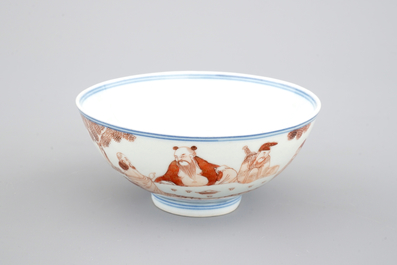 An unusual Chinese blue, white and iron red bowl, 19th C