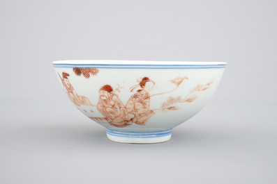 An unusual Chinese blue, white and iron red bowl, 19th C