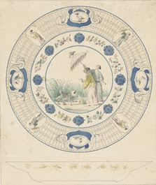 Un plat en porcelaine de Chine famille rose d'apr&egrave;s Cornelis Pronk: &quot;Les dames au parasol&quot;, ca. 1736-1738