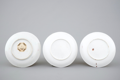 A set of three fine Chinese semi-eggshell famille rose cups and saucers, Yongzheng, 1722-1735