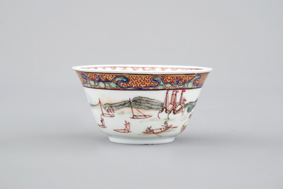 A Chinese export porcelain cup and saucer with a harbor scene, Yongzheng, 1722-1735