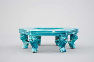 A Chinese porcelain hexagonal turquoise stand, Kangxi