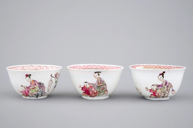 A set of three fine Chinese semi-eggshell famille rose cups and saucers, Yongzheng, 1722-1735