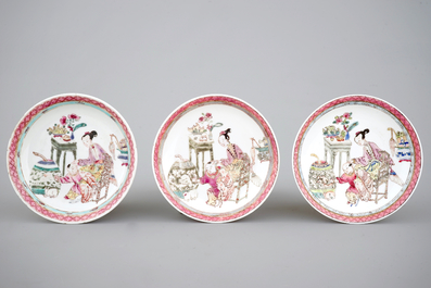 A set of three fine Chinese semi-eggshell famille rose cups and saucers, Yongzheng, 1722-1735