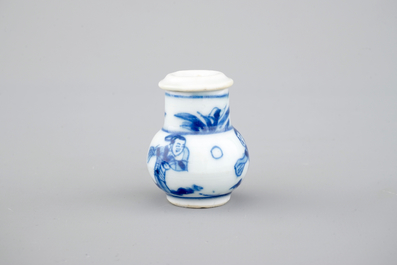 A rare Chinese porcelain blue and white miniature caster or shaker, Kangxi, ca. 1700