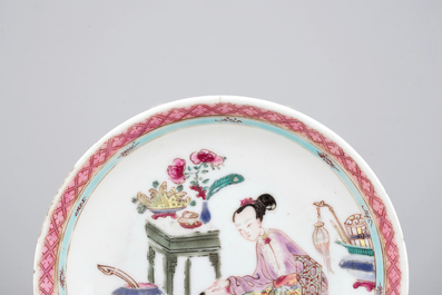 A set of three fine Chinese semi-eggshell famille rose cups and saucers, Yongzheng, 1722-1735