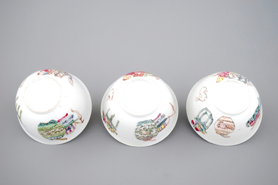 A set of three fine Chinese semi-eggshell famille rose cups and saucers, Yongzheng, 1722-1735