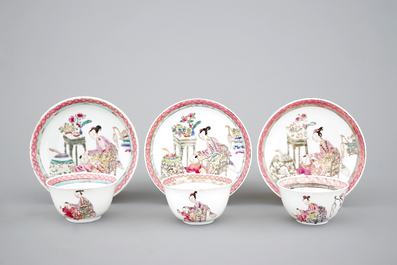 Un lot de 3 tasses et soucoupes en porcelaine fine famille rose, &eacute;poque Yongzheng, 1722-1735