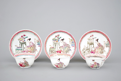 A set of three fine Chinese semi-eggshell famille rose cups and saucers, Yongzheng, 1722-1735