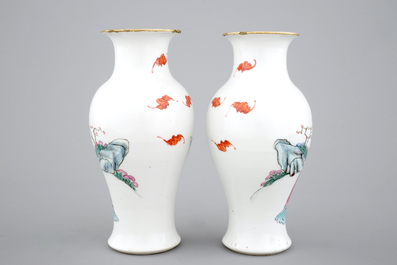 A pair of Chinese porcelain famille rose vases with imperial portraits, 19th C