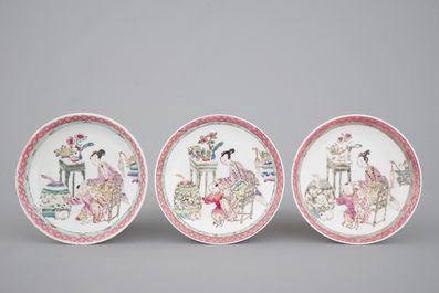 A set of three fine Chinese semi-eggshell famille rose cups and saucers, Yongzheng, 1722-1735