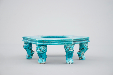 A Chinese porcelain hexagonal turquoise stand, Kangxi