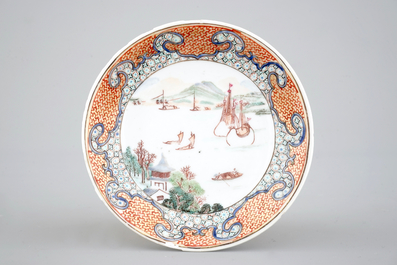 A Chinese export porcelain cup and saucer with a harbor scene, Yongzheng, 1722-1735