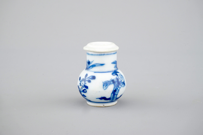 A rare Chinese porcelain blue and white miniature caster or shaker, Kangxi, ca. 1700