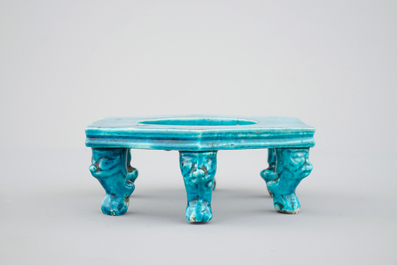 A Chinese porcelain hexagonal turquoise stand, Kangxi