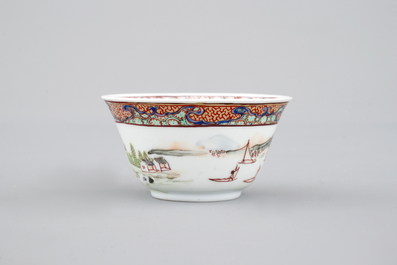 A Chinese export porcelain cup and saucer with a harbor scene, Yongzheng, 1722-1735