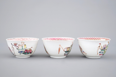 A set of three fine Chinese semi-eggshell famille rose cups and saucers, Yongzheng, 1722-1735