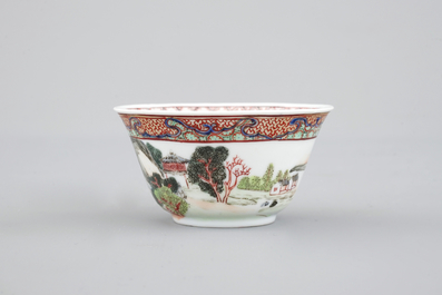 A Chinese export porcelain cup and saucer with a harbor scene, Yongzheng, 1722-1735