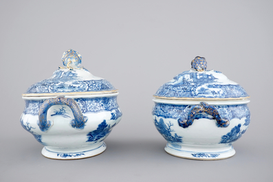 Deux terrines en bleu, blanc et dorure, porcelaine de Chine pour l'export, &eacute;poque Qianliong, 18&egrave;me