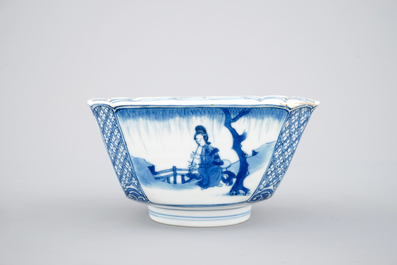 A fine Chinese porcelain blue and white square bowl, Kangxi, ca. 1700
