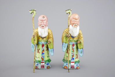 Deux figures de Shou Lao en cuivre emaill&eacute; de Canton, 18/19&egrave;me