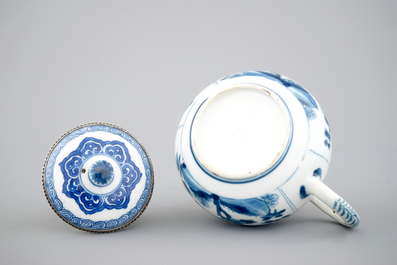A Chinese porcelain blue and white teapot, silver-mounted, Kangxi, ca. 1700