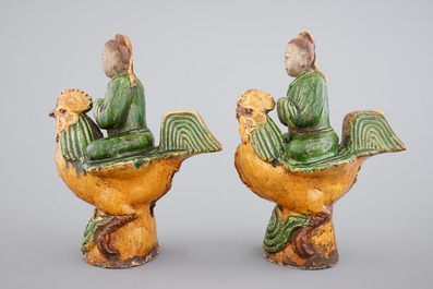 A pair of sancai glazed figural roof tiles, Ming Dynasty