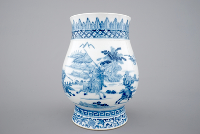 A Chinese blue and white vase with warriors, 19th C.