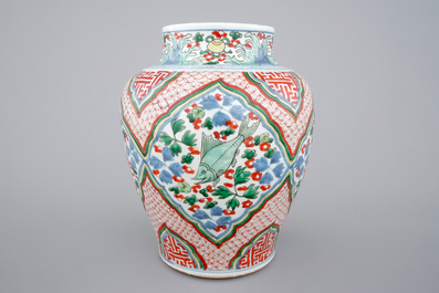 A Chinese wucai porcelain vase with fish, Transitional, Chongzhen or Shunzhi, 1628-1661