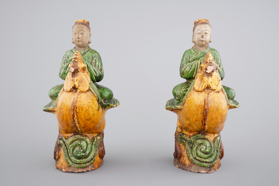 A pair of sancai glazed figural roof tiles, Ming Dynasty
