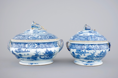 Two Chinese gilt, blue and white export porcelain tureens, Qianlong, 18th C.