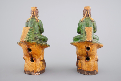 A pair of sancai glazed figural roof tiles, Ming Dynasty