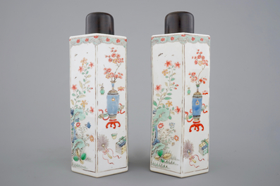 A pair of hexagonal Chinese famille verte tea caddies, Kangxi, ca. 1700