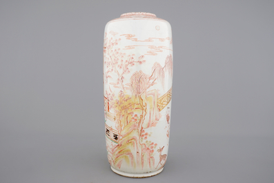 A large Chinese porcelaine famille verte, iron red and gilt rouleau vase, Kangxi, ca. 1720
