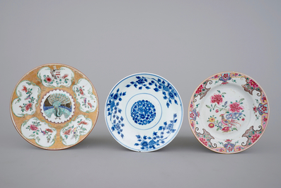A set of six Chinese famille rose plates, including an armorial Lawson impaling Jessop, 18th C.