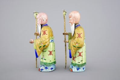 Deux figures de Shou Lao en cuivre emaill&eacute; de Canton, 18/19&egrave;me