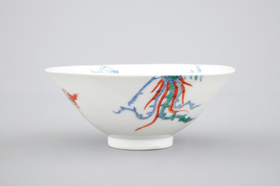 A Chinese porcelain doucai phoenix bowl, 19th C