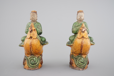 A pair of sancai glazed figural roof tiles, Ming Dynasty