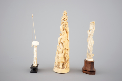 A carved Chinese ivory group of 3 Immortals, a fisherman and two needle cases, with an Indian carved ivory goddess, 19th C.