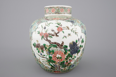 A tall famille verte ginger jar and cover, 19th C