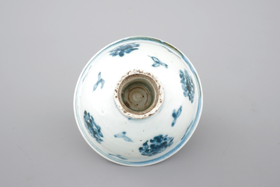 A Chinese blue and white porcelain stemcup with flowers and birds, early Ming, ca. 1500